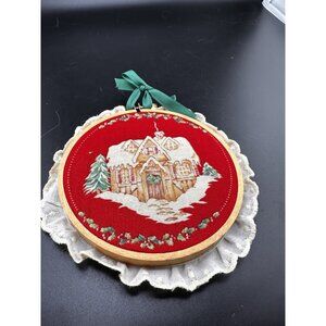 Handmade Christmas Ornament Wood Hoop Eyelet Lace Snowy Victorian Cabin Red Vtg